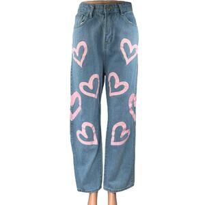 Colorful Natalie Blue Pink Hearts High Waisted Baggy Wide Leg Denim Jeans Size L
